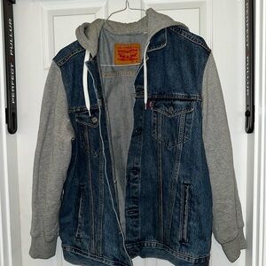 Levi's Blue Denim Jacket with Gray Hoodie Sleeves